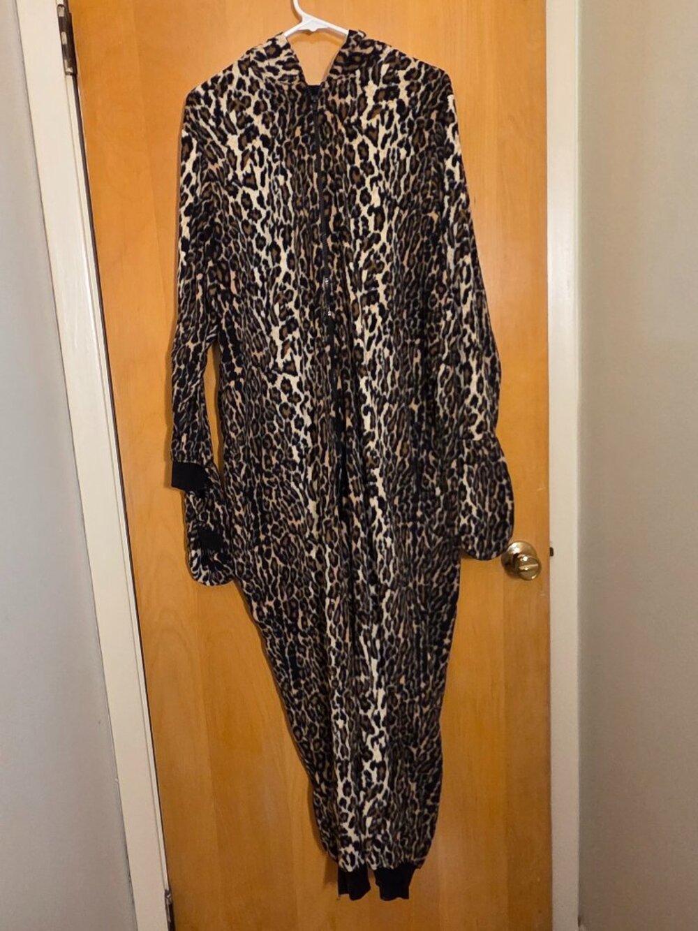 Nick & Nora Cat Hood Leopard Footless Pajamas Fleece One Piece Zip Size XL/XXL